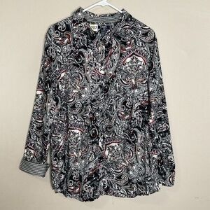 Chaps Black/White Multi Paisley Print No Iron Button Up Shirt Women Size 2X